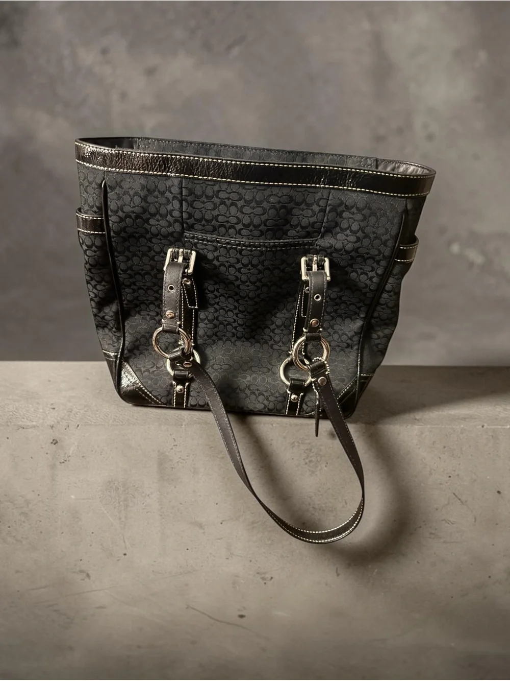 Coach Black Signature Canvas Tote with Leather Accents